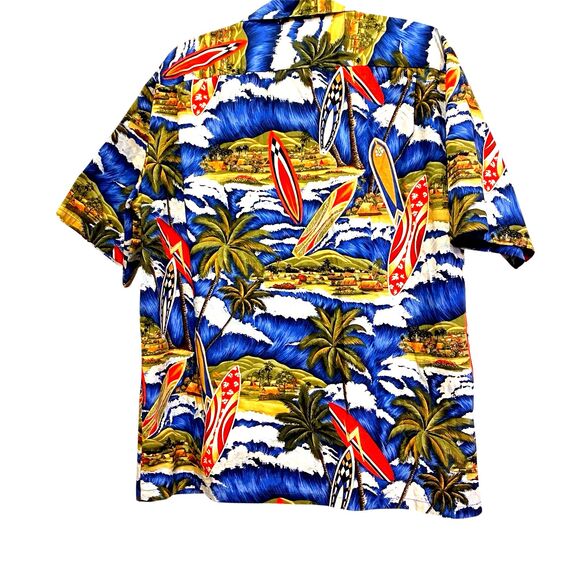 Vtg HILO HATTIE Made In USA Hawaiian Shirt Surfboards Palm Trees Men's Beachy L - Picture 2 of 7